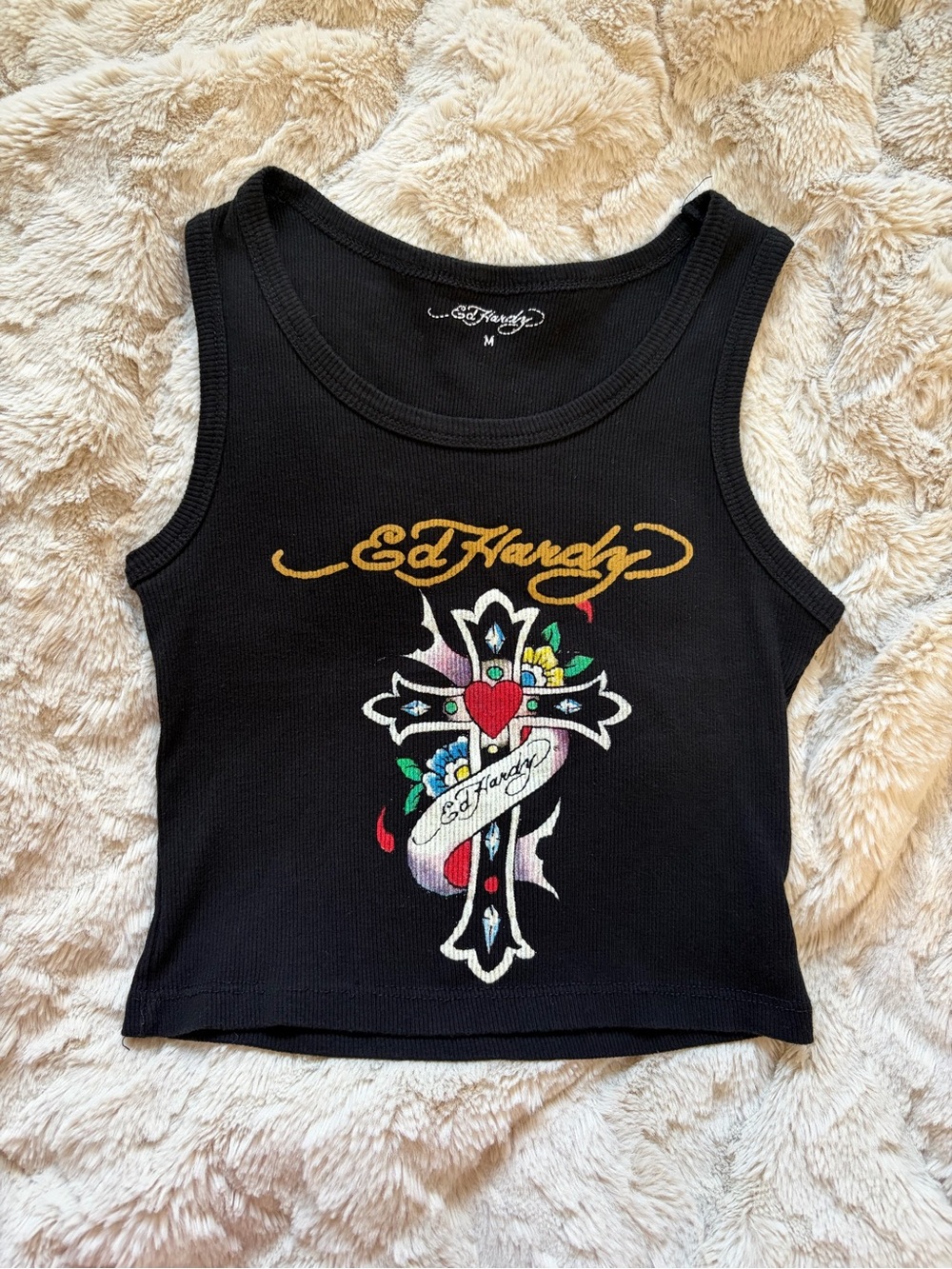Ed Hardy Black Tank Top with Colorful Cross Graphic
